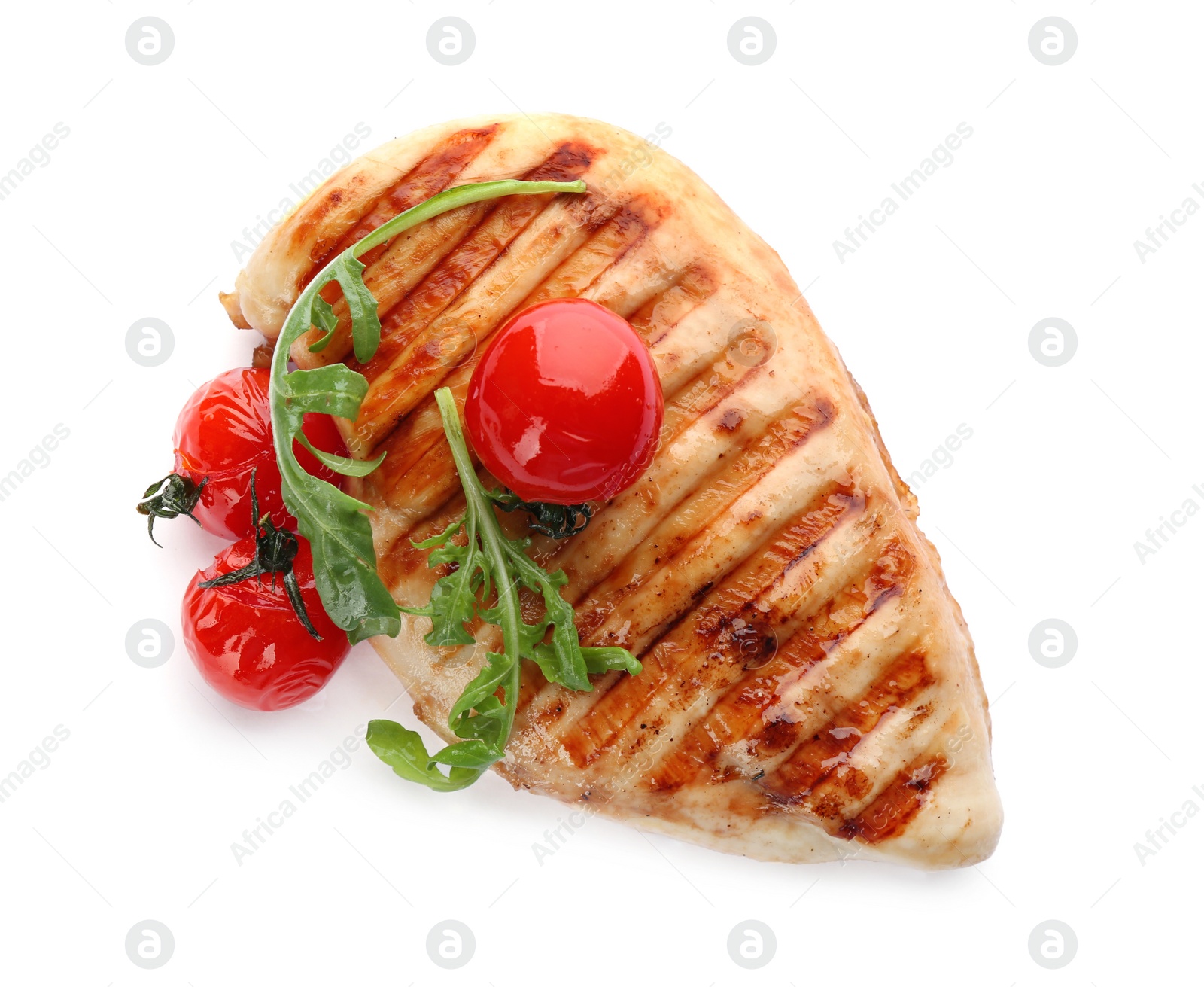 Photo of Tasty grilled chicken fillet with tomatoes and arugula isolated on white, top view