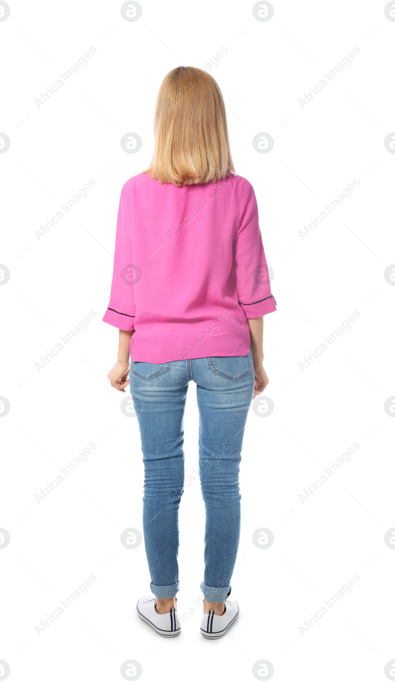 Photo of Woman in casual clothes posing on white background