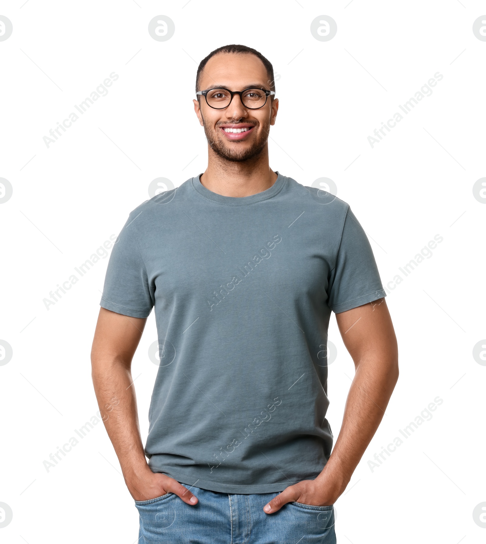 Photo of Man wearing stylish t-shirt on white background