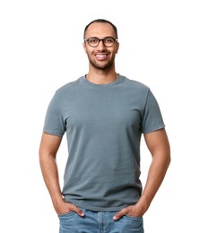 Man wearing stylish t-shirt on white background