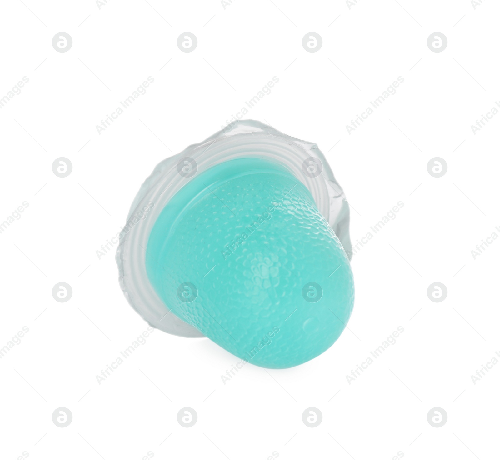 Photo of Delicious light blue jelly cup isolated on white