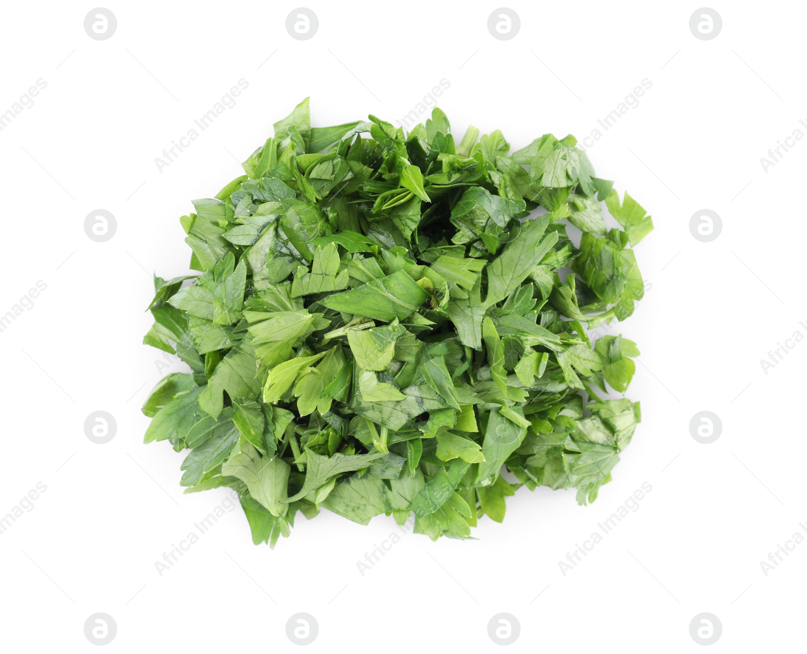 Heap of chopped parsley leaves isolated on white, top view Photo of Heap of chopped parsley leaves isolated on white, top view