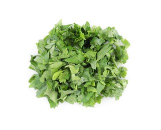 Photo of Heap of chopped parsley leaves isolated on white, top view