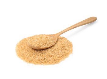 Photo of Pile of brown sugar and wooden spoon isolated on white