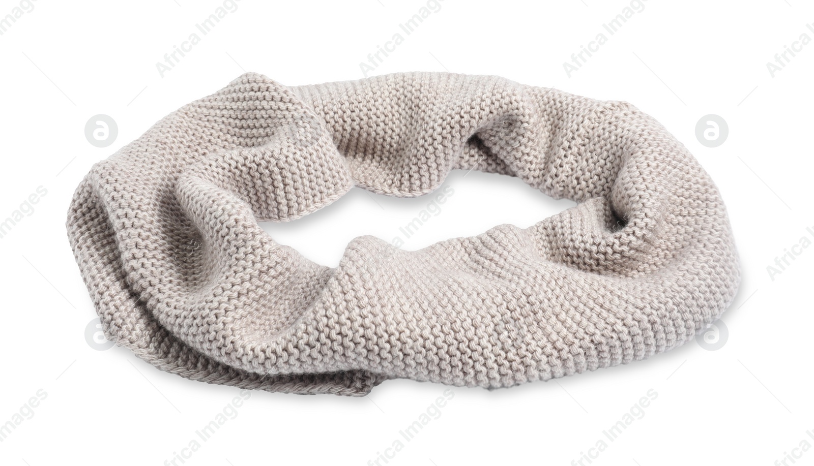 Photo of One beige knitted scarf on white background