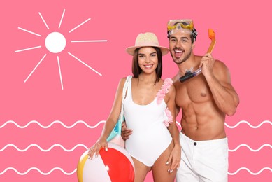 Lovely couple in beachwear on color background, stylish design. Summer season