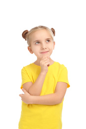 Photo of Cute little girl posing on white background