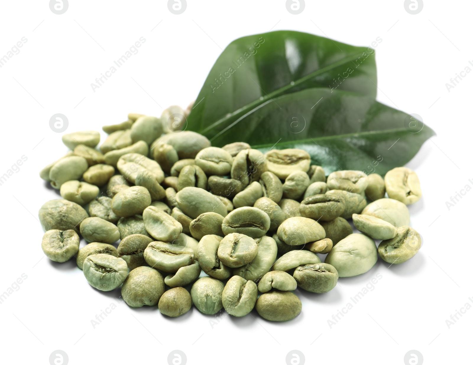Photo of Pile of green coffee beans and leaves on white background