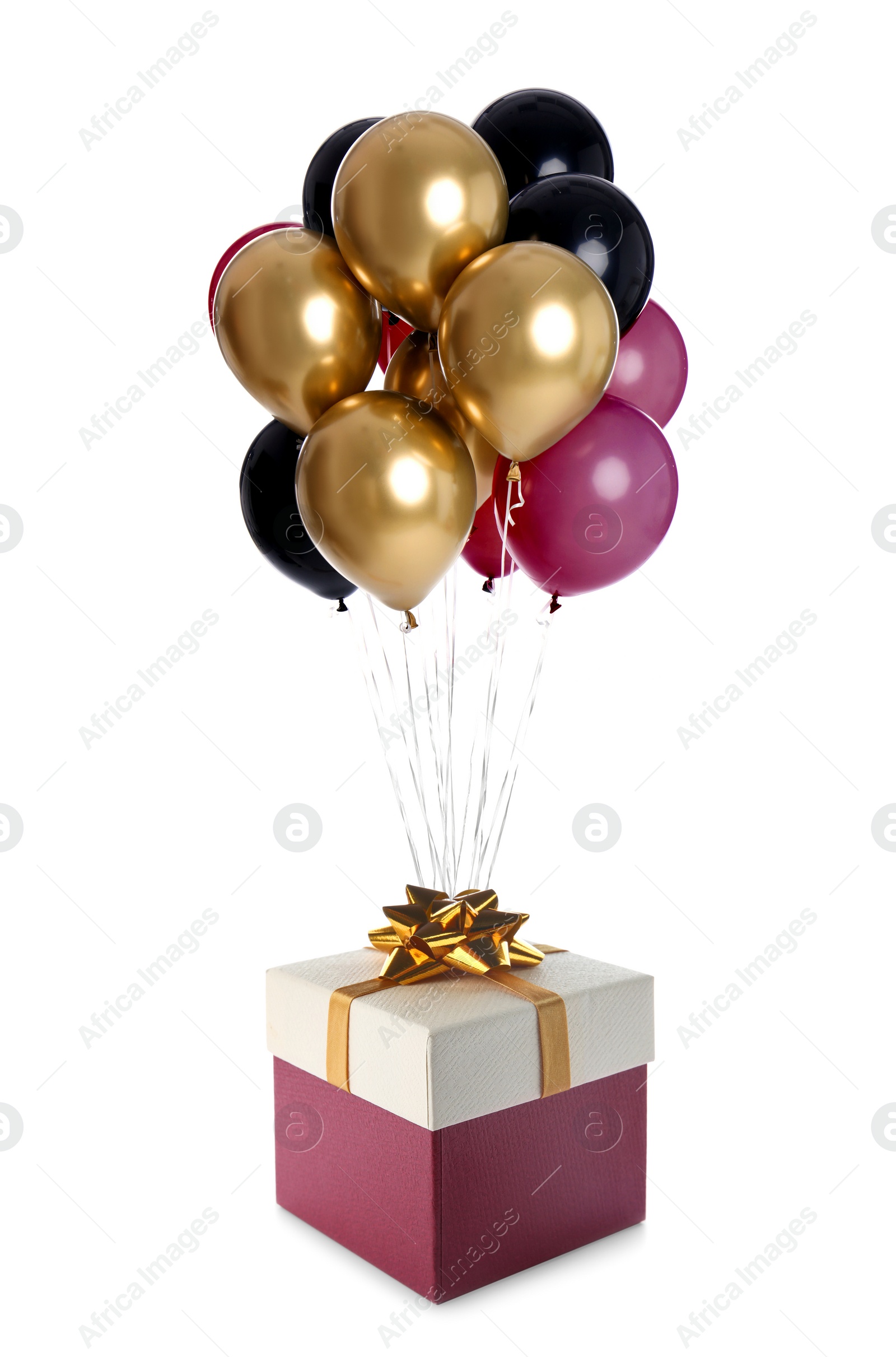 Image of Bunch of balloons and beautiful gift box with bow on white background