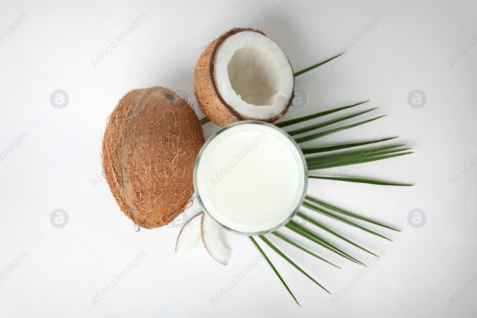 Photo of Glass of coconut milk and fresh nuts isolated on white, top view