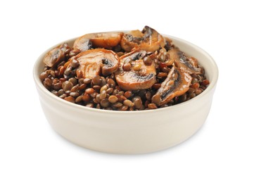 Photo of Delicious lentils with mushrooms in bowl isolated on white