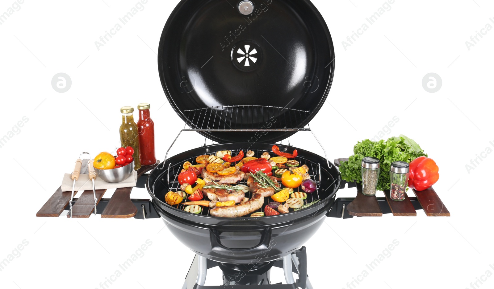 Photo of Modern barbecue grill with tasty food on white background