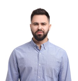 Portrait of sad man on white background