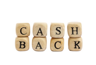 Photo of Wooden cubes with words Cash Back on white background