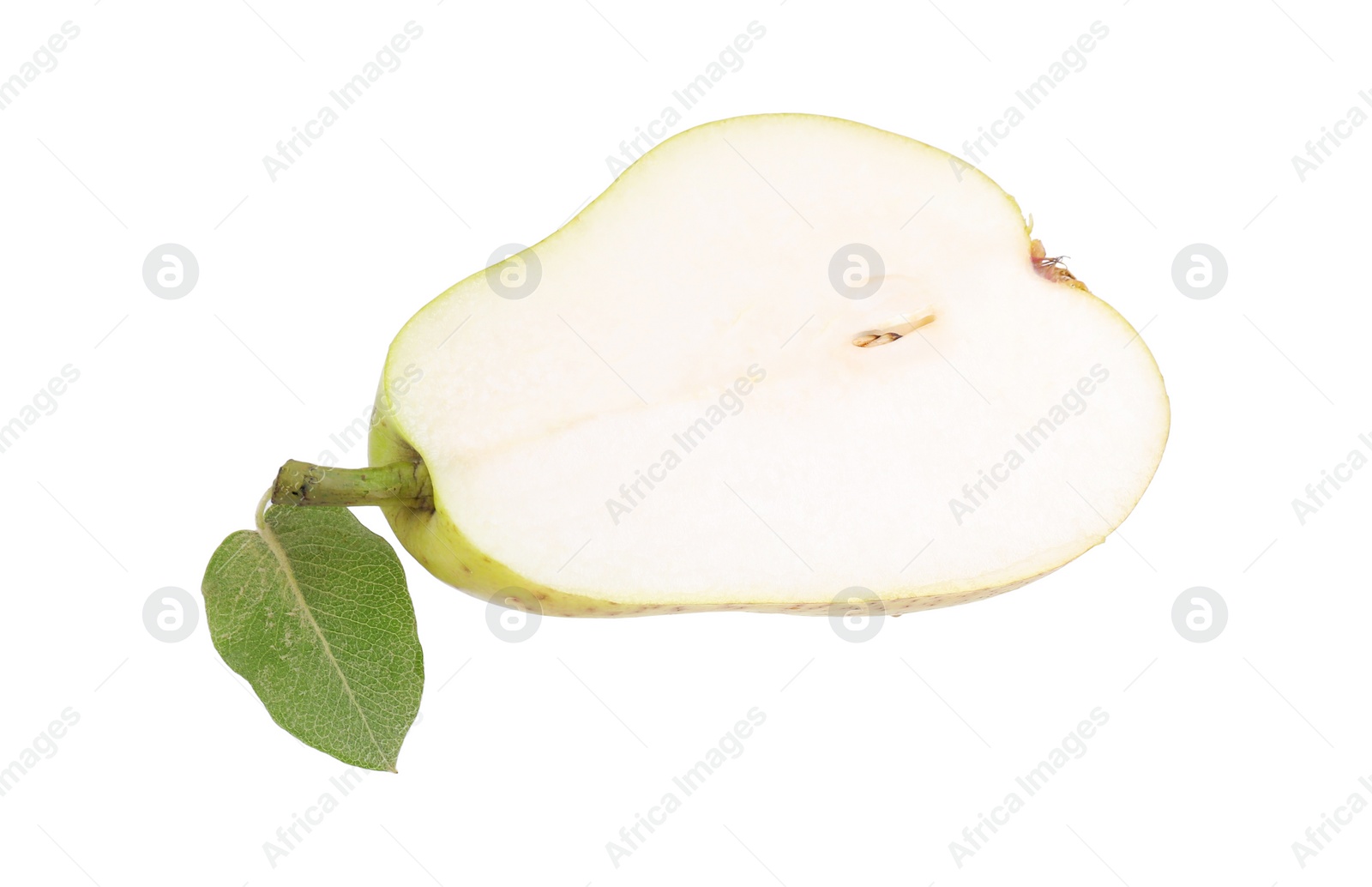 Photo of Half of ripe pear with leaf on white background