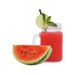 Photo of Glass mason jar of tasty watermelon drink with mint, lime and cut fresh fruit isolated on white
