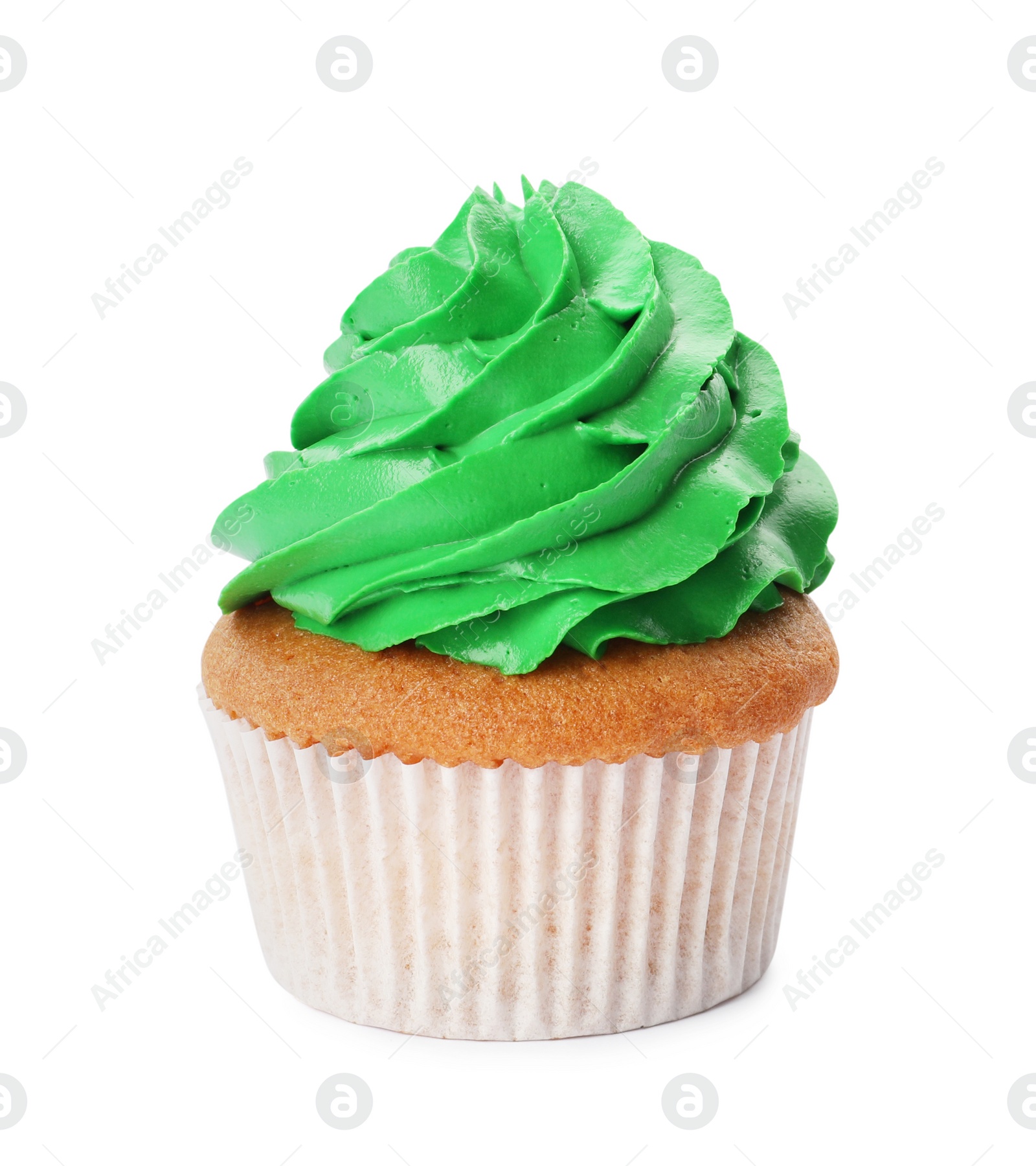 Photo of Delicious cupcake with green cream isolated on white