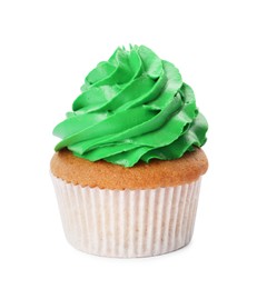 Photo of Delicious cupcake with green cream isolated on white
