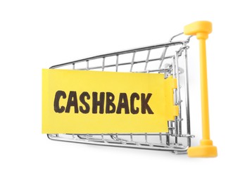 Card with word Cashback in shopping cart isolated on white, top view