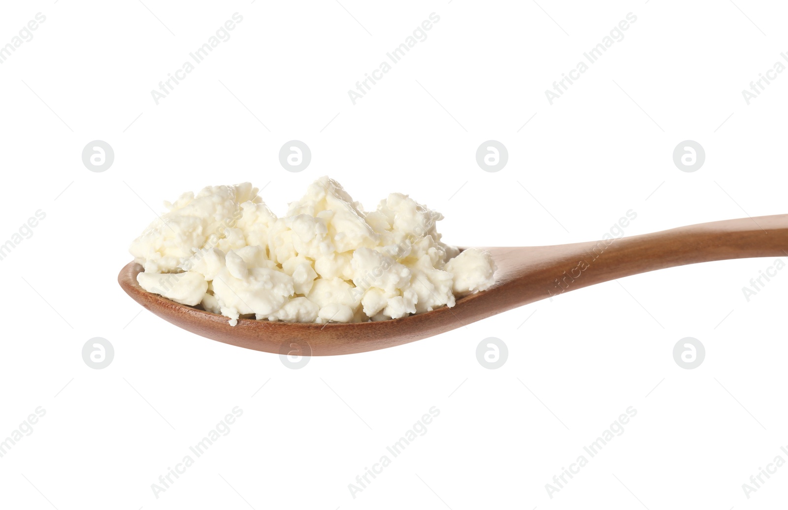 Photo of Delicious fresh cottage cheese in spoon isolated on white