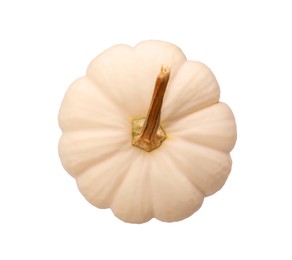 Photo of One ripe beige pumpkin isolated on white, top view