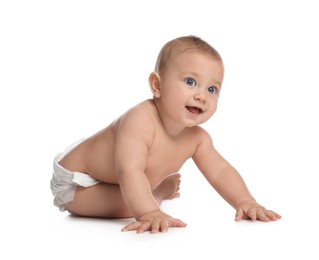 Cute little baby in diaper crawling on white background