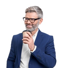 Photo of Mature businessman in stylish clothes with cup of drink on white background