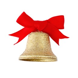 Photo of Shiny bell with red bow isolated on white. Christmas decoration