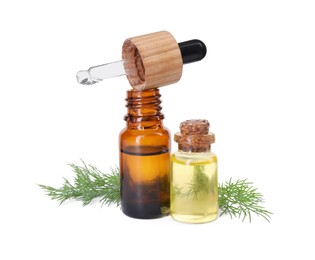 Bottles of essential oil, pipette and fresh dill isolated on white