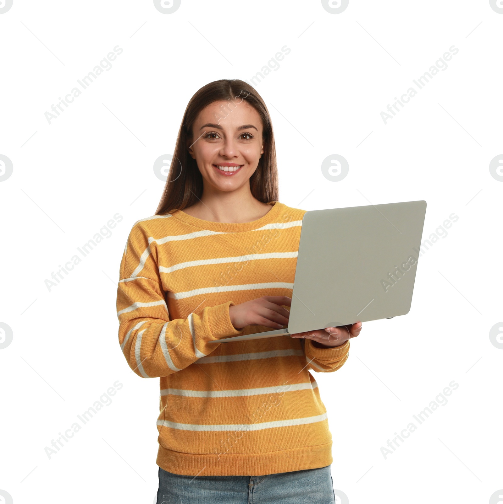 Photo of Young woman with modern laptop on white background