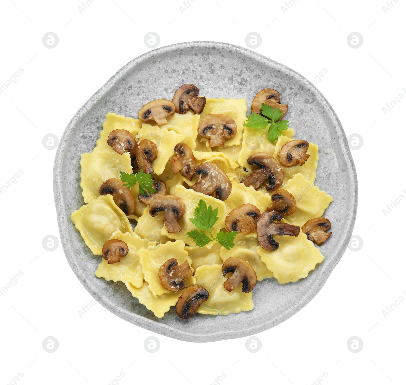 Photo of Delicious ravioli with mushrooms isolated on white, top view