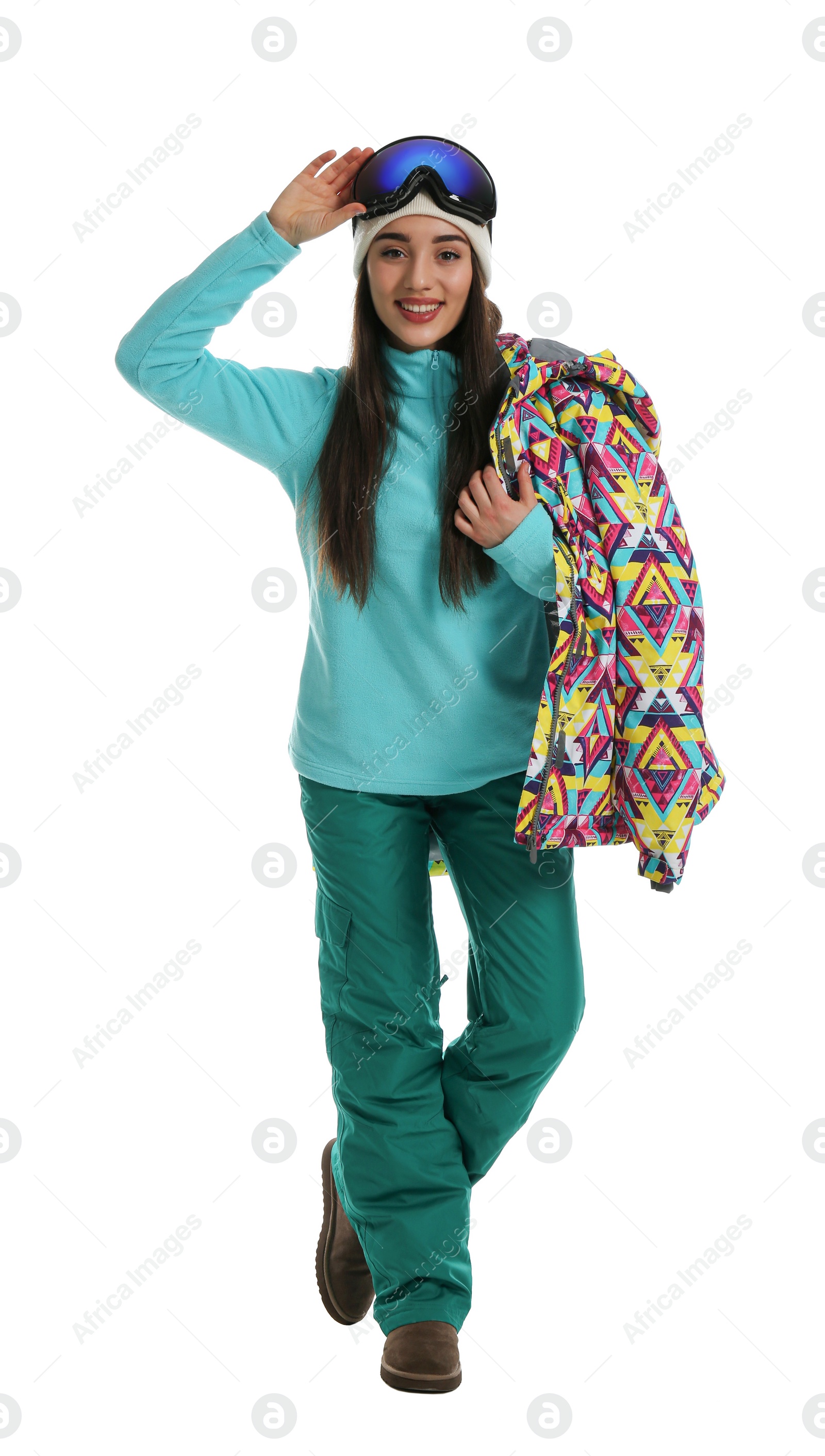 Photo of Woman wearing stylish winter sport clothes on white background