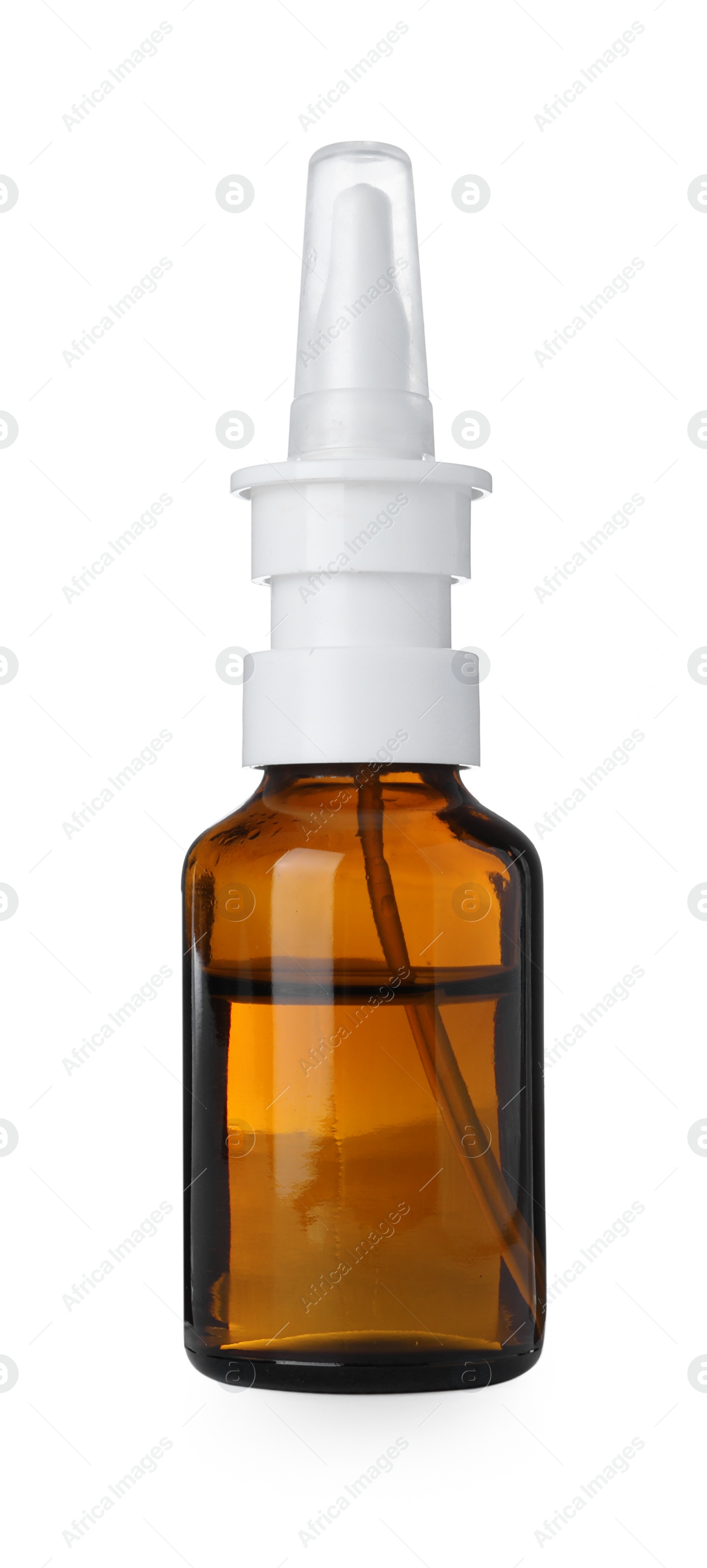 Photo of Bottle of nasal spray isolated on white