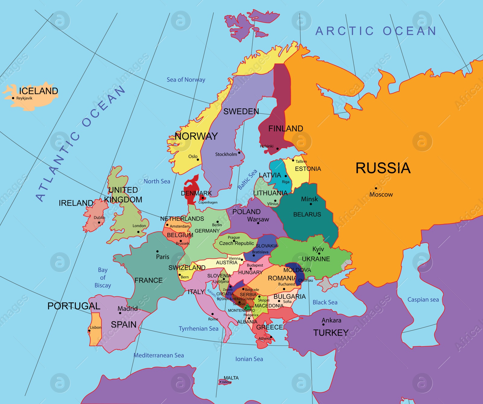 Image of Political map of western Europe. Color illustration