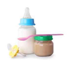 Photo of Healthy baby food, bottle with milk and pacifier on light grey background