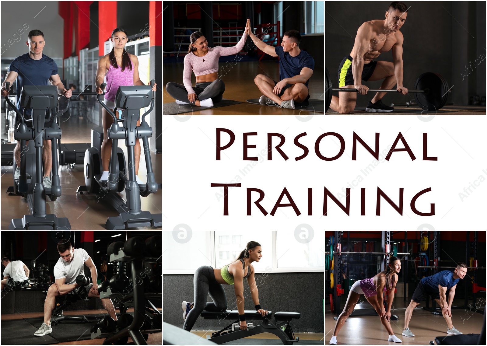 Image of Collage of people in modern gym and text Personal Training