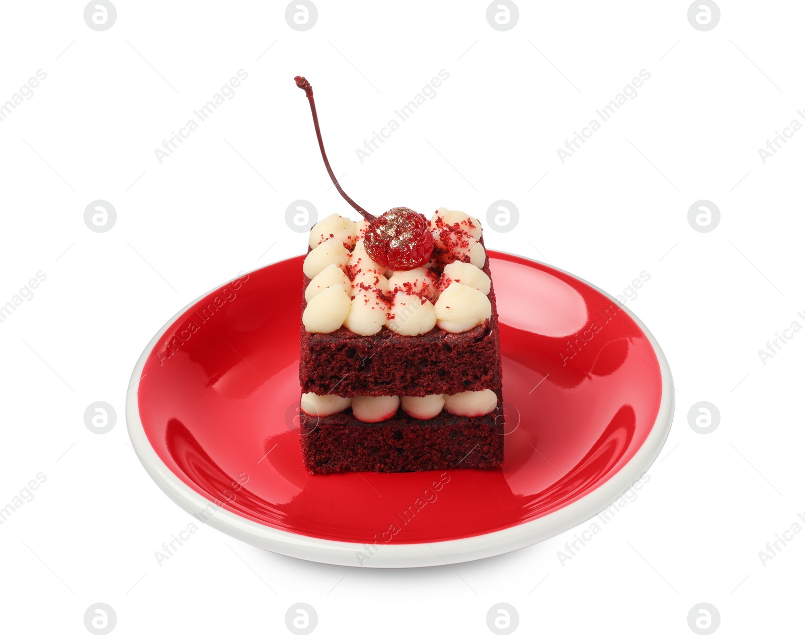 Photo of Piece of delicious red velvet cake on white background