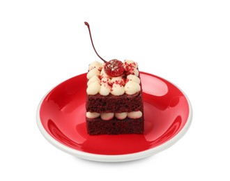 Piece of delicious red velvet cake on white background