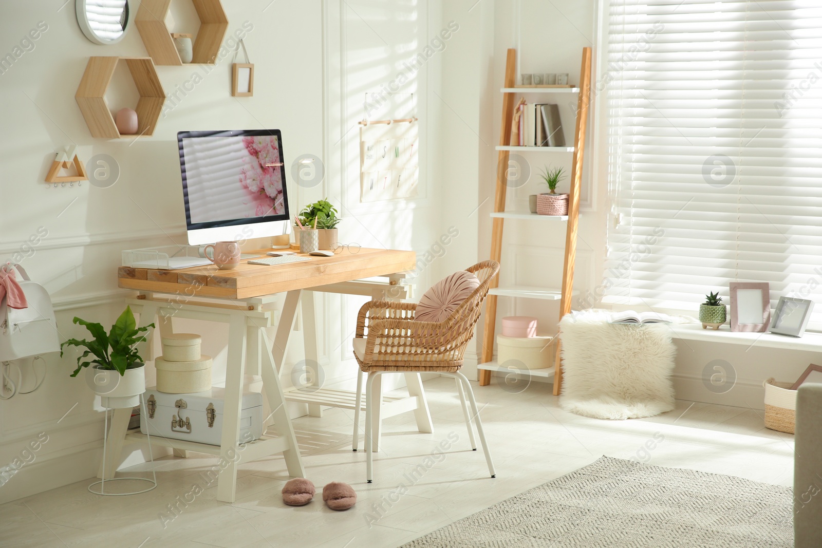 Photo of Stylish home office interior with comfortable workplace