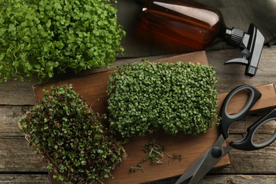 Fresh microgreens, spray bottle and scissors on wooden table, flat lay