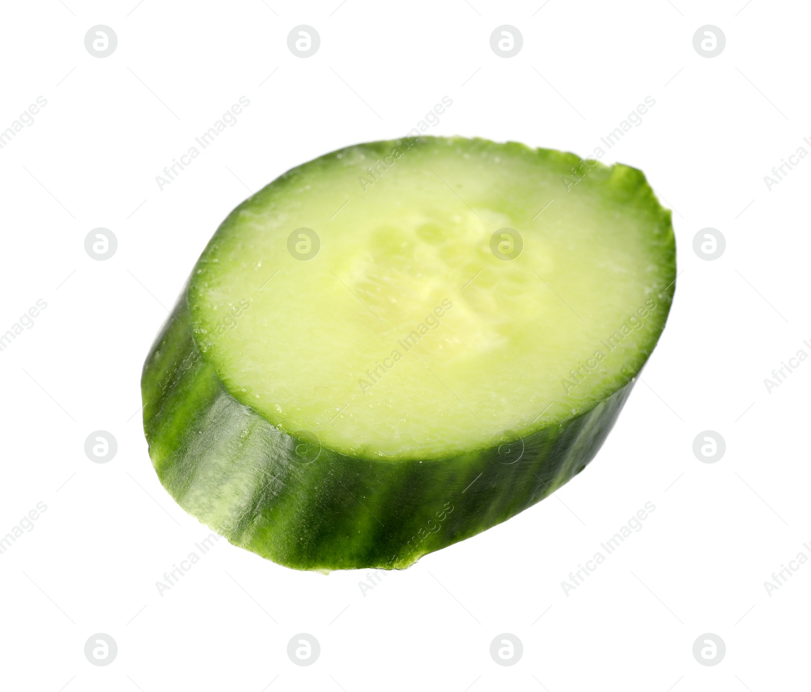 Photo of Cut fresh green cucumber on white background