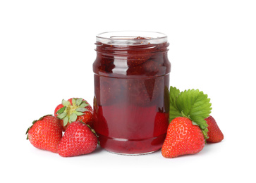 Delicious pickled strawberry jam and fresh berries isolated on white