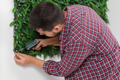 Photo of Man with screwdriver installing green artificial plant panel on white wall
