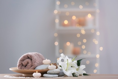 Photo of Beautiful spa composition on table in wellness center