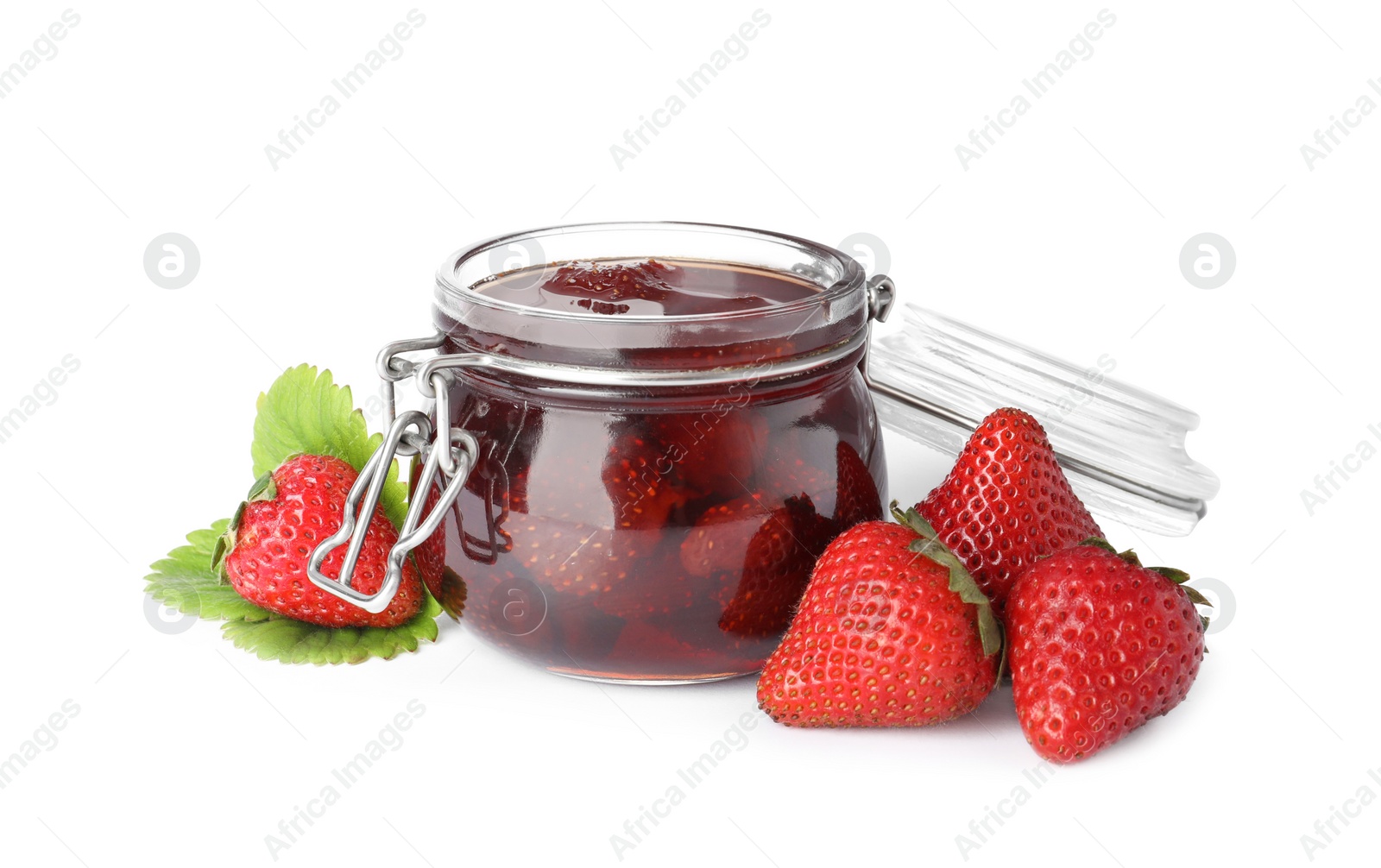 Photo of Delicious pickled strawberry jam and fresh berries isolated on white