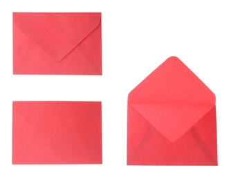 Image of Set of red envelopes on white background