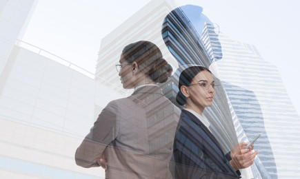 Image of Double exposure of different businesspeople and office buildings