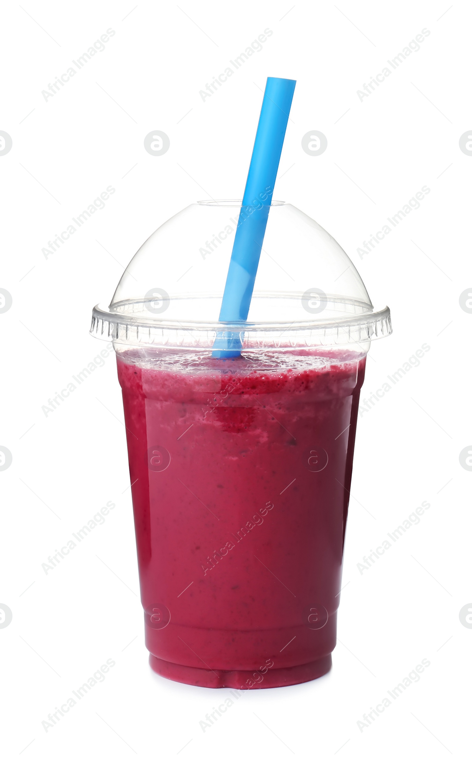 Photo of Plastic cup with delicious detox smoothie on white background