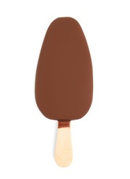 Photo of Ice cream glazed in chocolate on white background, top view