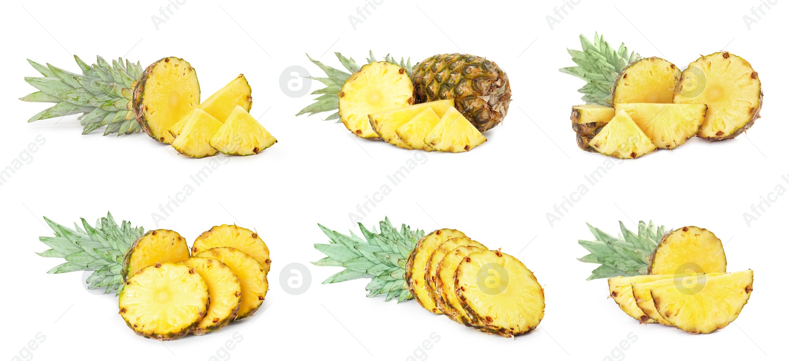 Image of Set with cut and whole pineapples isolated on white